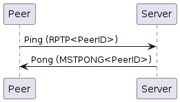 @startuml
Peer -> Server: Ping (RPTP<PeerID>)
Server -> Peer: Pong (MSTPONG<PeerID>)
@enduml